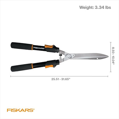 Fiskars Power-Lever Extendable Hedge Shears, Self-Sharpening Serrated Steel Blades for Clean Cuts, Handles Adjust 25"-33" for High Reach, Multiplies Leverage for 2x Power, 10" Blades, Orange/Black