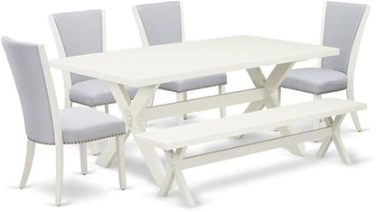 East West Furniture X027VE005-6 6 Piece Kitchen Table & Chairs Set Contains a Rectangle Wooden Table and 4 Grey Linen Fabric Parson Chairs with a Bench, 40x72 Inch, Multi-Color