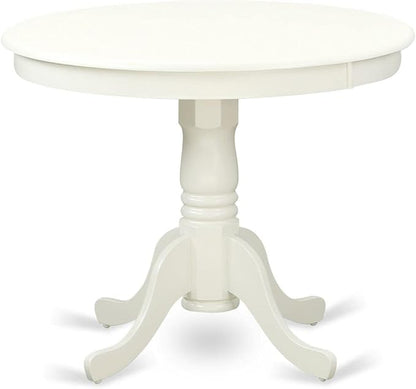 East West Furniture ANGA3-LWH-35 3 Piece Dining Room Furniture Set Contains a Round Dining Table with Pedestal and 2 Doeskin Linen Fabric Upholstered Chairs, 36x36 Inch, Linen White