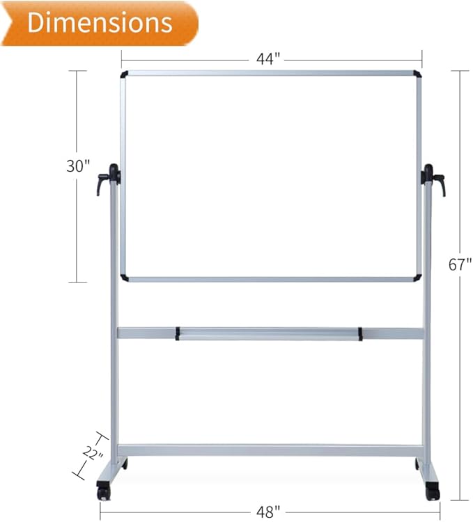 VIZ-PRO Double-Sided Magnetic Mobile Whiteboard,44 x 30 Inches Aluminium Frame and Stand