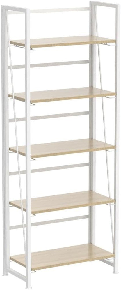 4NM No Assembly Folding Bookshelf, 5-Shelf 62.2" H Collapsible Foldable Bookcase Storage for Small Spaces, Natural White