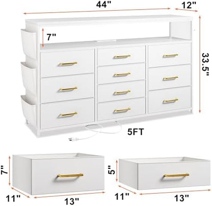 EnHomee 10-Drawer Dresser TV Stand for 55" TV with LED Lights, Power Outlets & Side Pockets (Whithe)
