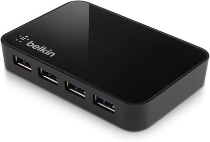 Belkin 4-Port USB 3.0 Hub – SuperSpeed Powered Station with 5 Gbps Data & Charging, Compact Desktop Adapter for Laptops, iPhone Chargers, Printers, Storage Devices – Black