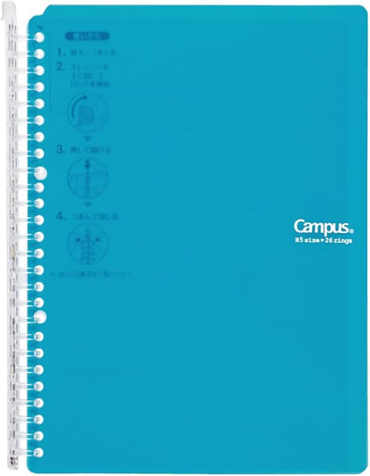 Kokuyo Campus Smart Ring Binder, B5 Blue Green Refillable Binder Notebook 26 Holes with 10 Extra Loose-Leaf Paper, Up to 60 Filler Papers for Work & Study, Japan Import (RU-SP706BG)