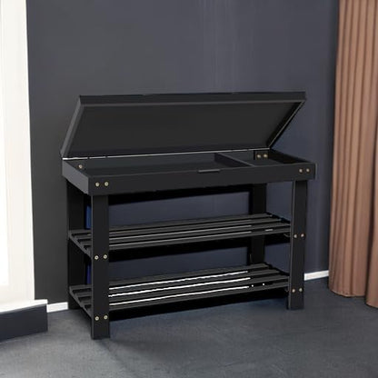 BAMBUROBA Shoe Rack Bench for Entryway,3-Tier Bamboo Small Bench with Storage Drawer,Shoe Shelf Organizer Indoor Outdoor Use,Black
