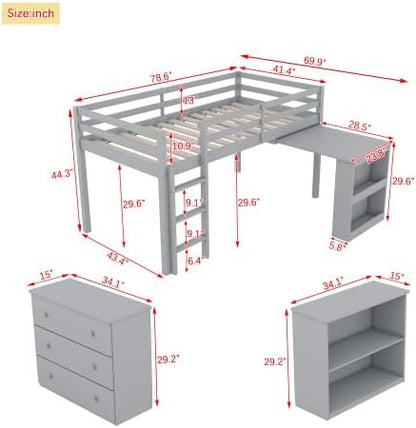 KEIKI Twin Size loft Bed with Pull-Out Desk & Drawers & Open Shelves, Wood Loft Bed with Guardrail, Low Twin Bed for Kids, Grey