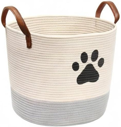Cotton rope dog toy basket, puppy bins, laundry basket blanket storage bin - Perfect for organizing pet toys, blankets, leashes White Gray