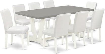 East West Furniture V097AB264-9 9 Piece Modern Dining Table Set Includes a Rectangle Dining Room Table with V-Legs and 8 White Faux Leather Parsons Chairs, 40x72 Inch, Multi-Color