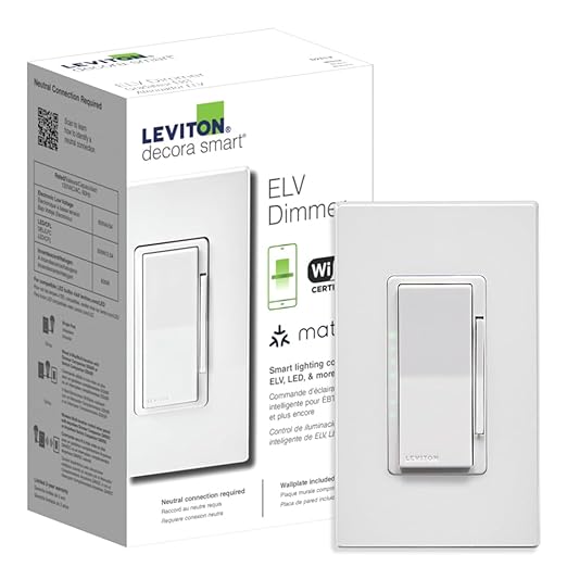 Leviton Decora Smart ELV/LED, Phase Selectable Dimmer Switch, Wi-Fi 2nd Gen, Neutral Wire Required, D2ELV-1BW, White