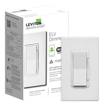 Leviton Decora Smart ELV/LED, Phase Selectable Dimmer Switch, Wi-Fi 2nd Gen, Neutral Wire Required, D2ELV-1BW, White