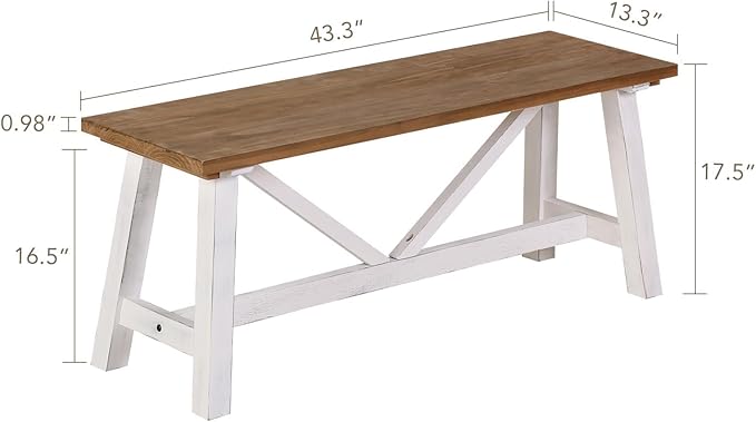 Wnutrees 43" Farmhouse Wood Bench, Narrow Bench, Long Bench Seat for Entryway, Living Room, Dining Room, Solid Wood, White