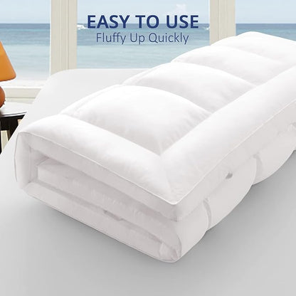 ELEMUSE 1300 GSM Overfilled Mattress Topper Queen with Baffle Box Design,Extra Thick Cooling Pillow Top Pad, 400TC Cotton Cover, Plush & Support Snow Down Alternative, White
