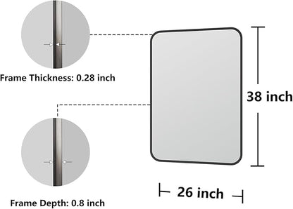 Koonmi Bathroom Mirror, 26X38 Brushed Black Rectangle Wall Mirror, HD Tempered Glass, Anti-Rust Frame Vanity Mirror, Rounded Rectangle Mirror for Restroom, Bedroom, Hangs Horizontal or Vertical