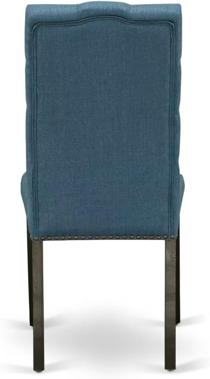 East West Furniture V697EL121-5 5 Piece Dinette Set Includes a Rectangle Dining Room Table with V-Legs and 4 Blue Linen Fabric Upholstered Parson Chairs, 40x72 Inch, Multi-Color