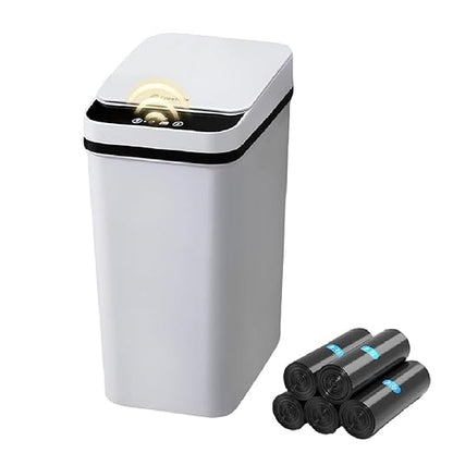 Bathroom Trash Can 2.6 Gallon Automatic Small Garbage Can with Lid, Slim Motion Sensor Plastic Narrow Trash Bin for Bedroom, Kitchen, Office (A-Basic Battery Supply-Grey, 1 Pack(2.6 Gallon))