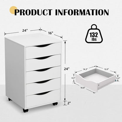 QDSSDECO 5 Drawer Chest Wood File Cabinet Rolling Storage Dresser with Wheels for Home Office, White