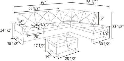 Red L-Shaped 3-Piece Flannelette Sofa with Storage Ottoman Set, Sectional Couch Sofa Set for Living Room, Office, Small Space