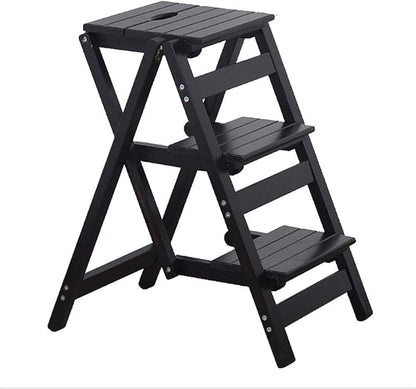KINGBO Step Stool for Adults/Step Ladder/Counter Chair, 3-Step Folding Portable Wooden Step Stool, Anti-Slip & Lightweight (Black)