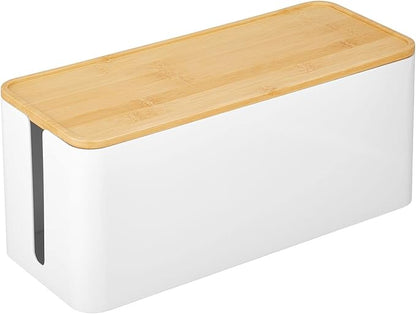 mDesign Cable Management Box - Storage Organizer for Power Strips, Cords, Surge Protectors - Hide Loose Wires in Home Office, Desks, Entertainment Centers - Large, White/Natural Bamboo Wood Lid