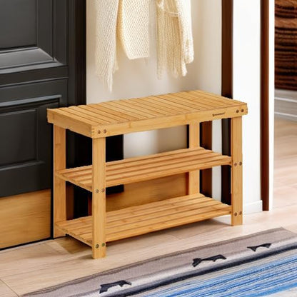 SONGMICS Shoe Rack Bench, 3-Tier Bamboo Shoe Storage Organizer, Entryway Bench, Holds Up to 286 lb, 11.3 x 27.6 x 17.8 Inches, for Entryway Bathroom Bedroom, Natural ULBS04N