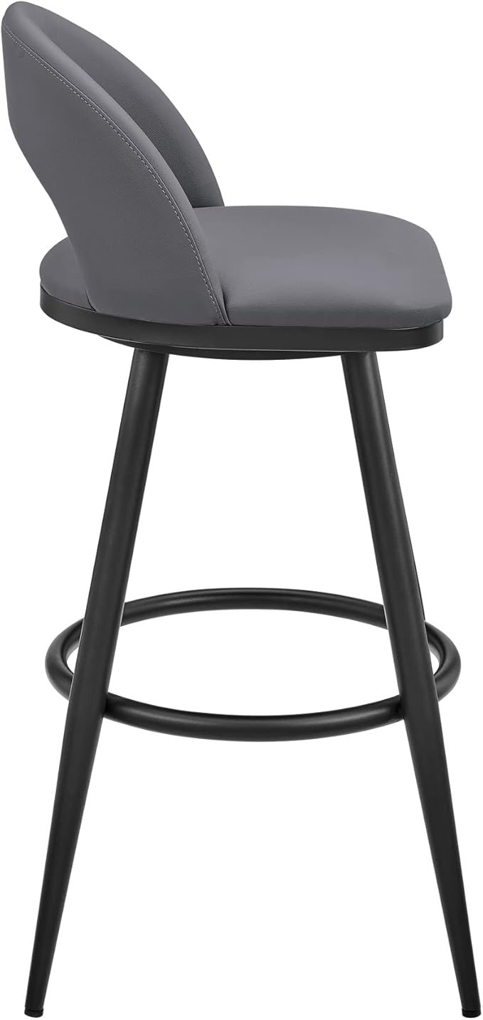 Armen Living Charlotte Swivel Bar Stool in Black Metal with Grey Faux Leather