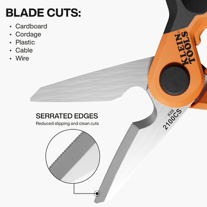 Klein Tools 2100CS Stainless Steel Electrician Scissors with Serrated Blade and Cable Stripper, Shears for Wire and Cable Cutting, 7-Inch