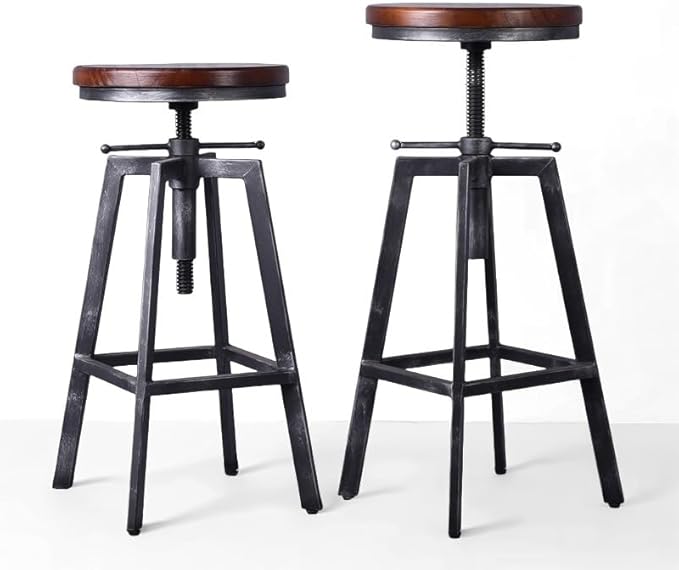 Set of 2 Industrial Bar Stools 25.6-30.5inch Counter Bar Height Adjustable Swivel Wooden Seat Kitchen Dining Chairs