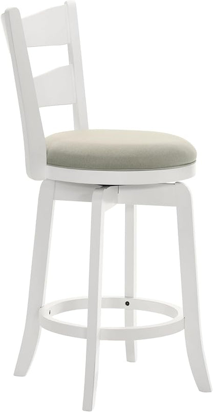 Armen Living Blair 30 in. Matte White Bar Height Rubberwood Swivel Barstool with Fog Fabric Seat