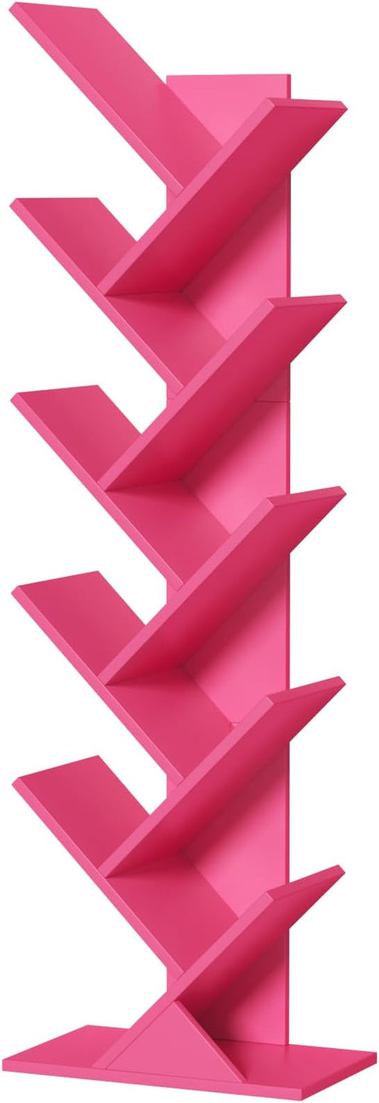 10 Tier Tree Book Shelf, Floor Standing Wood Bookshelf for Narrow Space, Storage Organizer Bookshelves for Books/CDs/Magazine, Bookcase with Shelves for Home Office, Living Room - Pink