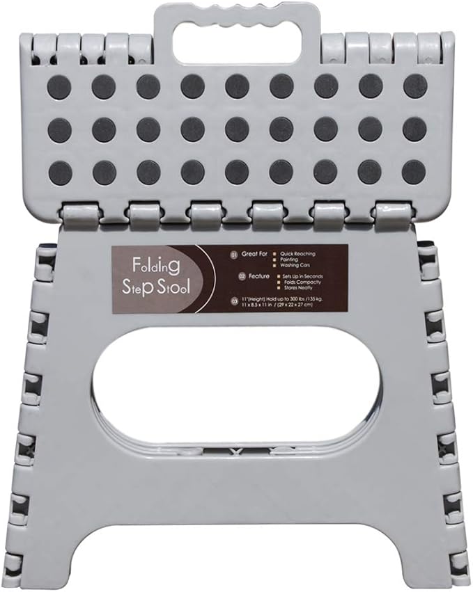 Non-Slip Folding Step Stool, Sturdy Safe Enough - Holds up to 300 Lb - 11 inch Footstool for Adults or Kids, Folding Ladder Storage/Opens Easy, for Kitchen,Toilet,Camping (Light Grey, 11'')