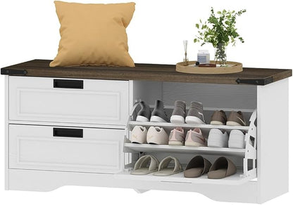 FATORRI Shoe Storage Bench with Flip Drawer, Wooden Entryway Bench, Modern Shoe Cabinet with Removable Drawers for Hallway, Living Room (Walnut Brown & White Oak)