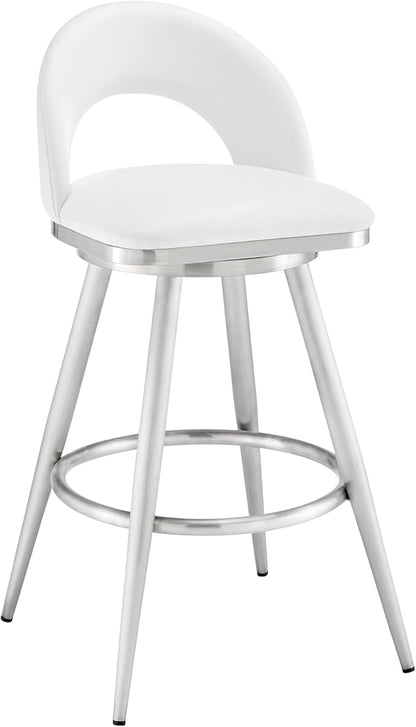 Armen Living Charlotte Swivel Bar Stool in Brushed Stainless Steel with White Faux Leather