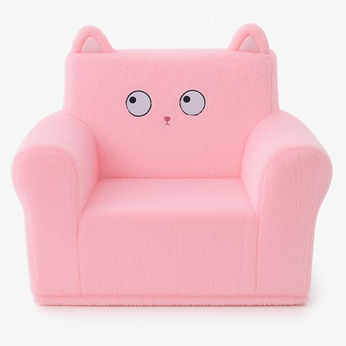 Cute Animal Toddler Foam Chair, Soft Faux Rabbit Fur, Comfy Toddler Lounge Chair and Couch with Arms, Removable Washable Cover, Kids Reading, Relaxing, for Playroom, Bedroom, Ages 1-3, Pink Cat