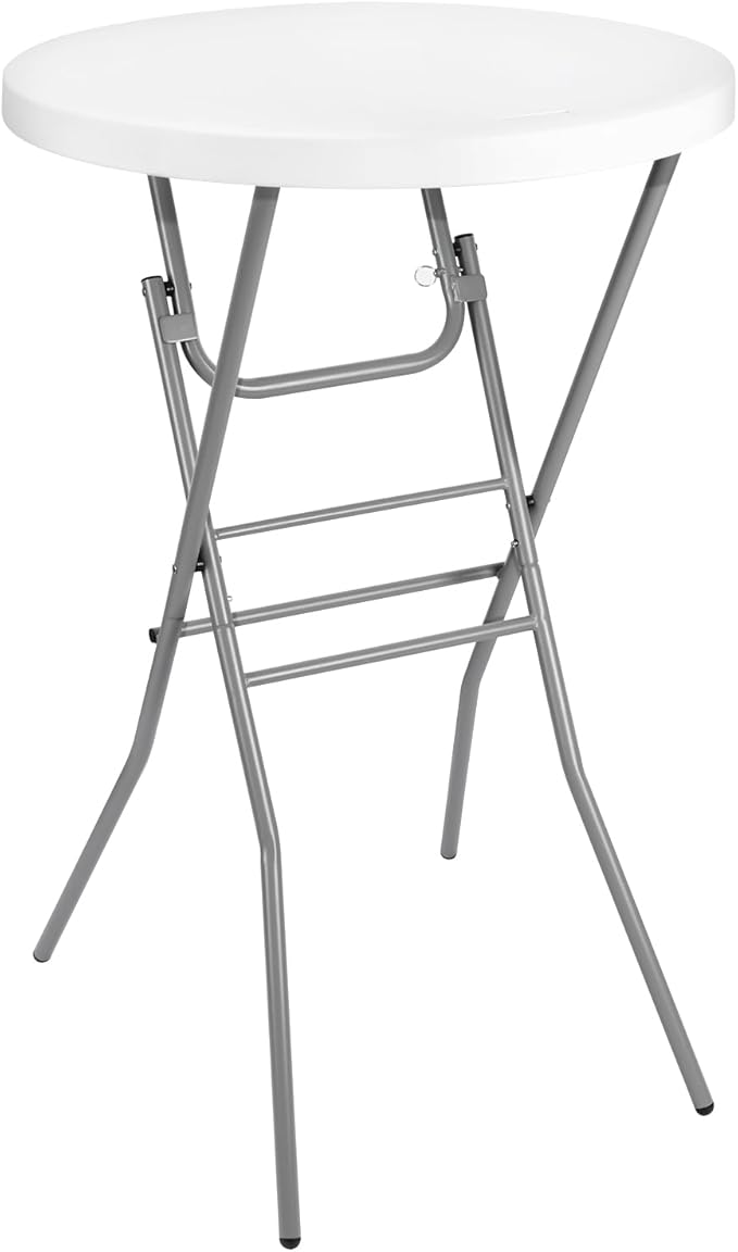 28in Cocktail Table White High Top Folding, Round Portable Bar Height Folding Table with Removable Legs, Indoor Outdoor Banquet for Parties, Commercial, Speech, School