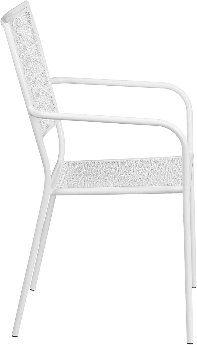 Flash Furniture Commercial Grade White Indoor-Outdoor Steel Patio Arm Chair with Square Back