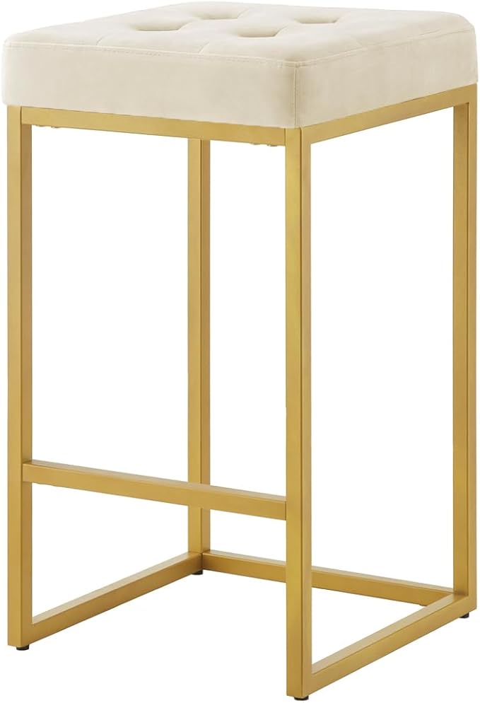 24KF Contemporary Counter Height Bar Stool Set of 2 for Kitchen Island, 26" H Velvet Padded Gold Barstool Bar Chair,5066-Cream