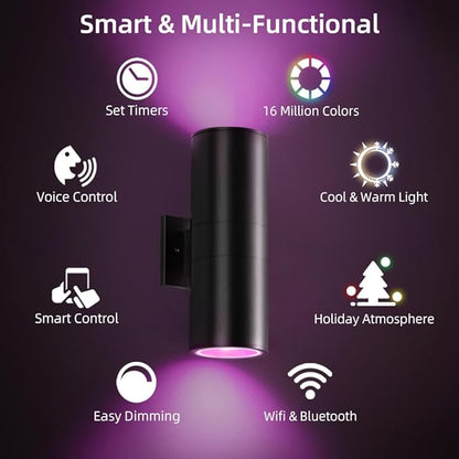 SHIMR Modern Outdoor Wall Lights Color Changing 2 Pack, RGBCW Smart Outdoor Lights Ambiance Sconce with Remote Control, Black Aluminum Exterior Lighting Fixtures Up and Down Lights [ETL Listed]