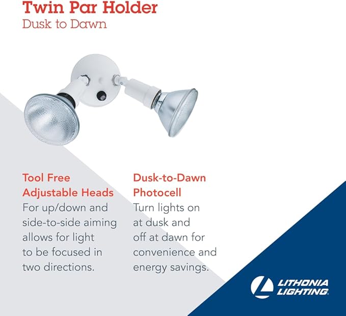 Lithonia Lighting Adjustable Dusk Dawn Security Light, Twin Par Outdoor Flood Light Holder, Photocell Sensor, 120 Volts, Uses 2 Lamps Up to 150W (Not Included), White (OFTH 300PR 120 P WH M12)