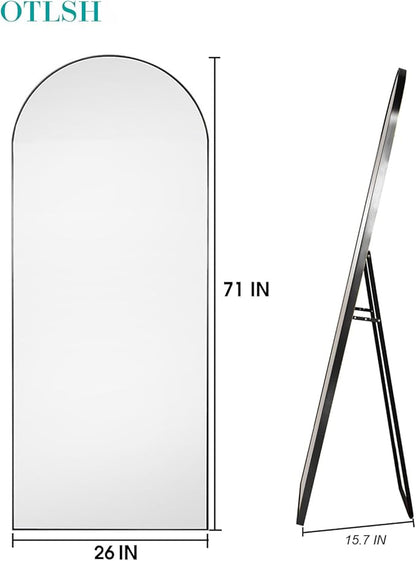 71"26" Arched Floor Mirror With Stand, Black Aluminum Frame, Freestanding or Wall Mounted, Modern Home Decor