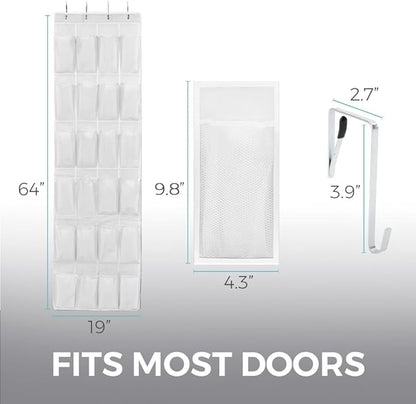 HOME GENIE Over the Door Hanging Shoe Organizer, 24 Breathable Mesh Pockets, Closet Rack Storage Holder, Stay in Place Hooks Hang on Closets, Hanger Holds Up to 40 lbs for Shoes, Accessories, White