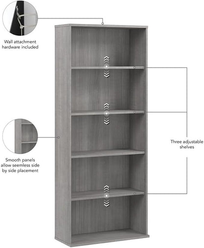 Bush Business Furniture Hustle Tall 5 Shelf Bookcase in Platinum Gray, Large Bookshelf for Home, Living Room, and Professional Office