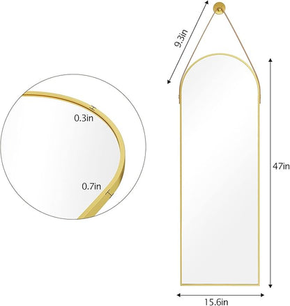 HARRITPURE 16"x48"Arched Mirror with Hanging Leather Strap Full Length Mirror Aluminum Frame Wall-Mounted Arch Hanging Mirrors for Bathroom Vanity Living Room Bedroom Entryway, Gold