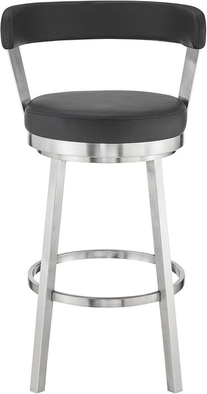 Armen Living Bryant Modern 26" Seat Height Black Faux Leather and Brushed Stainless Steel Metal Swivel Bar Stool for Kitchen Island Counter