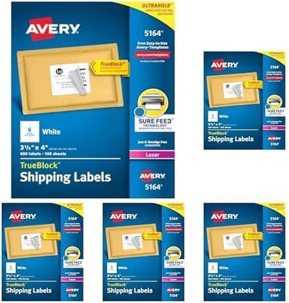 Avery Printable Shipping Labels with Sure Feed,3-1/3" x 4",White,600 Blank Mailing Labels for Laser Printers (5164),(Pack of 5)