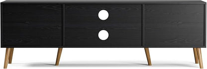 TV Stand for TVs up to 65'', Entertainment Center with Rattan Door, Shelves & 2 Cabinets, Boho Media TV Console for Living Room, Bedroom, Black