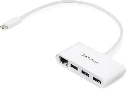 StarTech.com 3 Port USB C Hub w/Gigabit Ethernet USB Type C to 3 x USB-A Multi Port USB 3.0 Hub for MacBook Pro (HB30C3A1GEA) White
