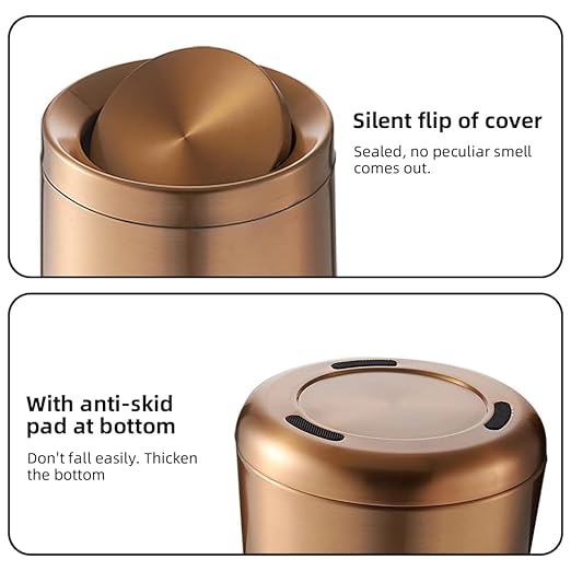 10 L/2.6Gallen,Swing Lid Gold Brass Trash Can,Brushed Nickel Garbage Can Bathroom with Flipping Lid,for Bathroom, Living Room,Bedroom,Hotel (Rose Gold)