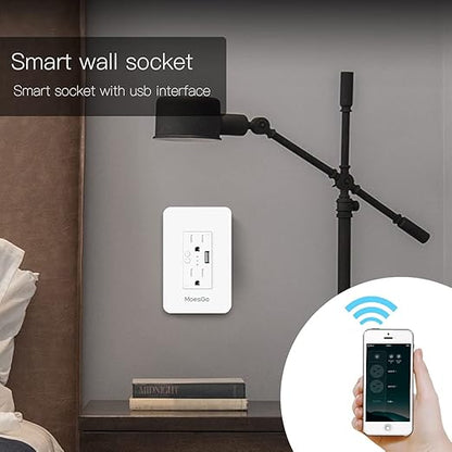 MoesGo Smart Power Wall Outlet with USB, WiFi Socket with 2 Plug outlets 15 Amp Divided Control, Smart Life/Tuya APP Remote Controller, ETL Certified, Work with Alexa and Google Home, No Hub Required
