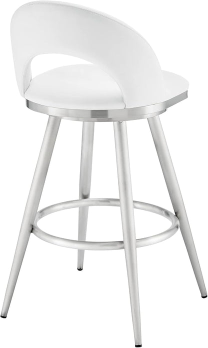 Armen Living Charlotte Swivel Bar Stool in Brushed Stainless Steel with White Faux Leather