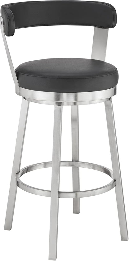 Armen Living Bryant Modern 26" Seat Height Black Faux Leather and Brushed Stainless Steel Metal Swivel Bar Stool for Kitchen Island Counter